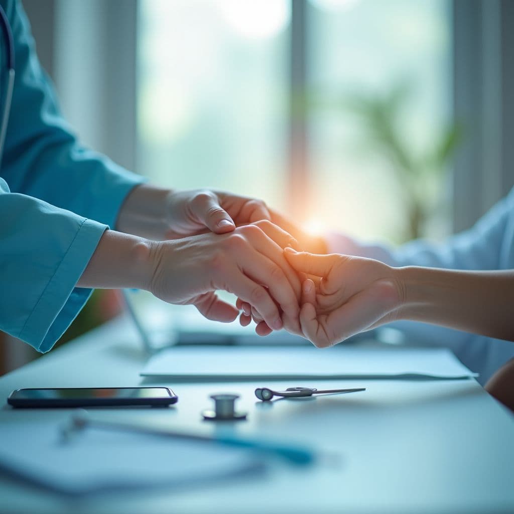 Doctor and patient shaking hands in a warm consultation